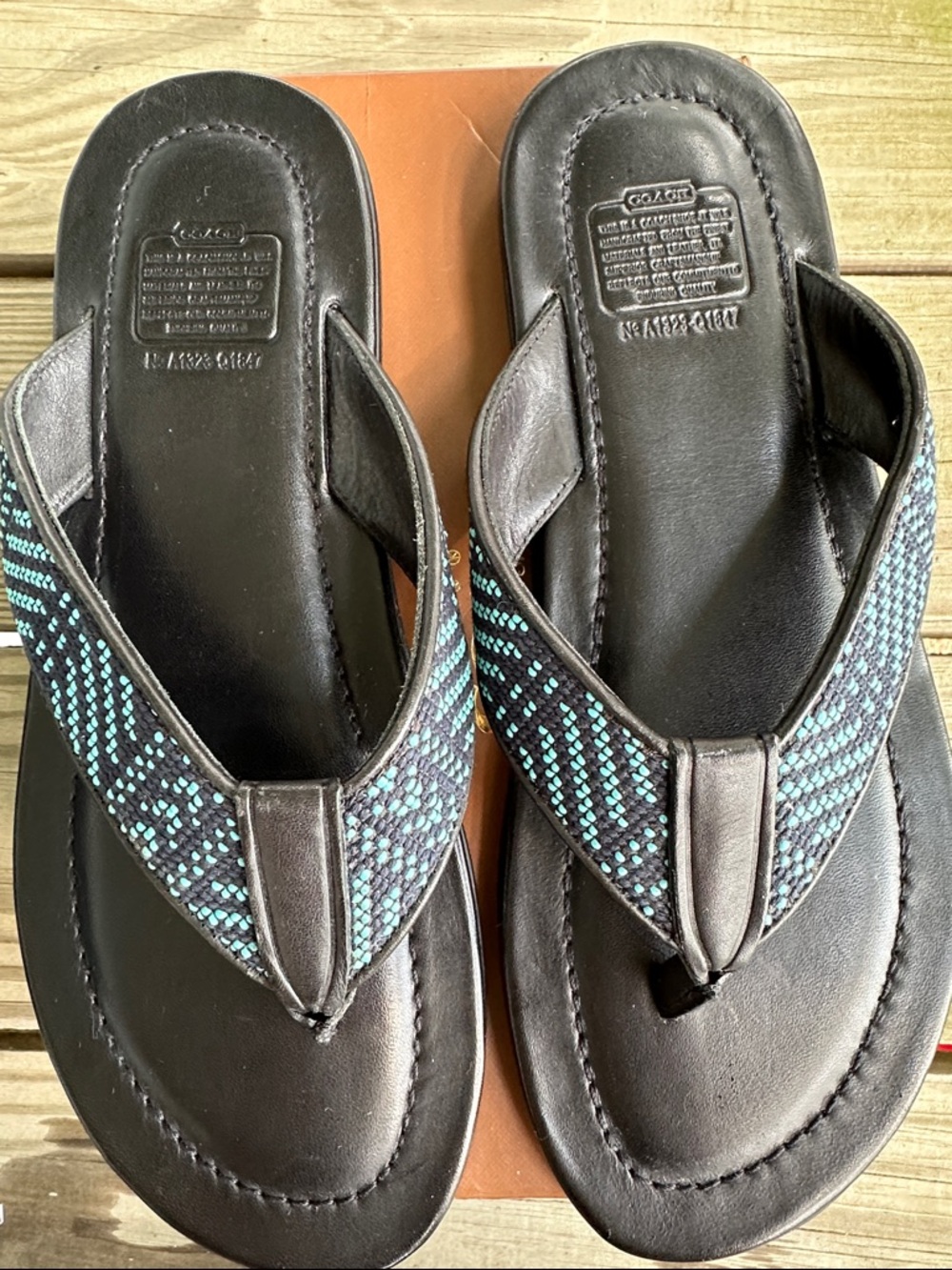 Coach Black Leather Thong Sandals with Teal Beaded Straps
Parker Men’s 8